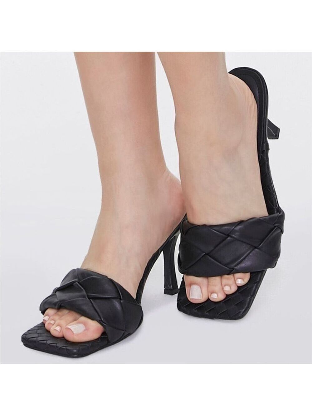 Forever 21 Braided Square Toe Faux Leather Mules Sandals Heels in Black